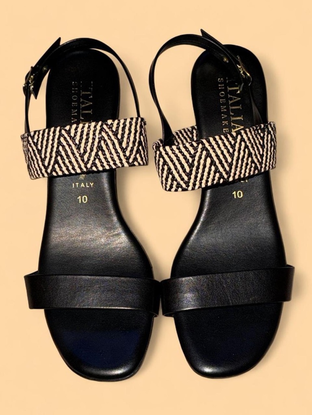 Italian Shoemakers Black Leather Sandals with Woven Beige-Black Strap